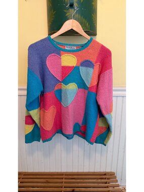 NorthStyle Colorful Heart Patchwork Sweater S Ramie Cotton Long Sleeve Crewneck